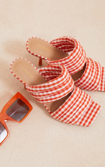 Orange Gingham Square Toe Padded Straps High Heeled Mules