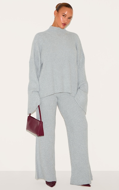 Plus Ash Grey Rib Boucle Knit Wide Leg Pant