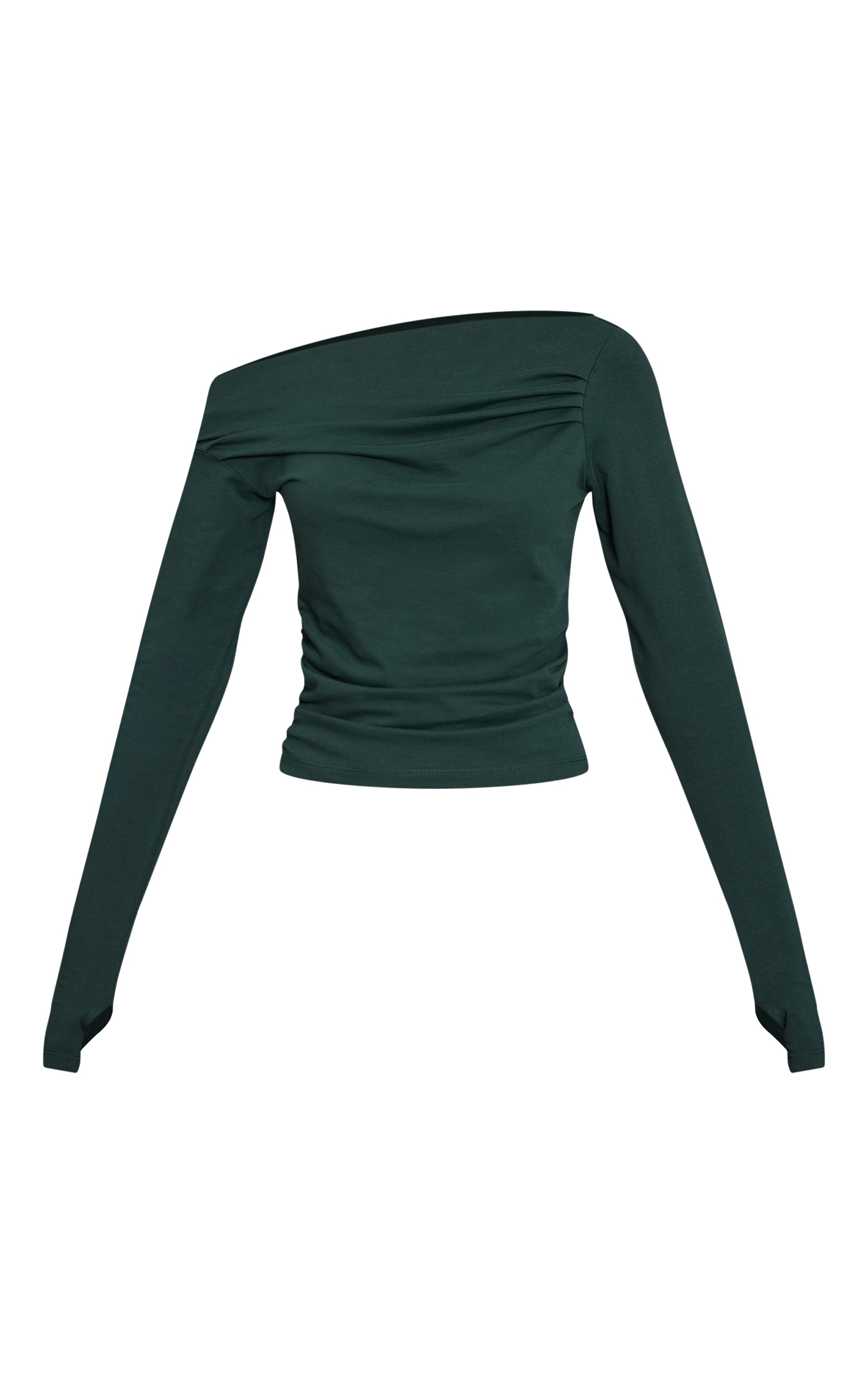 Forest Green Soft Cotton Ruched Asymmetric Long Sleeve Top image 5