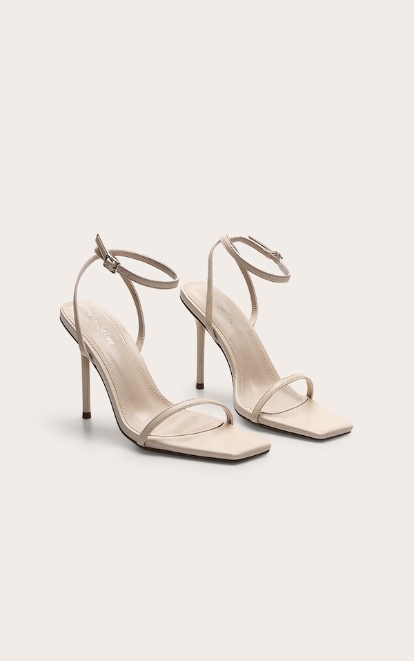 Sandales carrées en PU crème à talon haut et brides fines