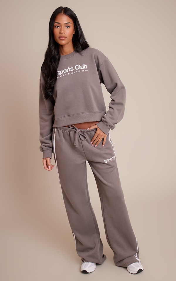 Tall Charcoal Sports Club Print Wide Leg Sweatpants