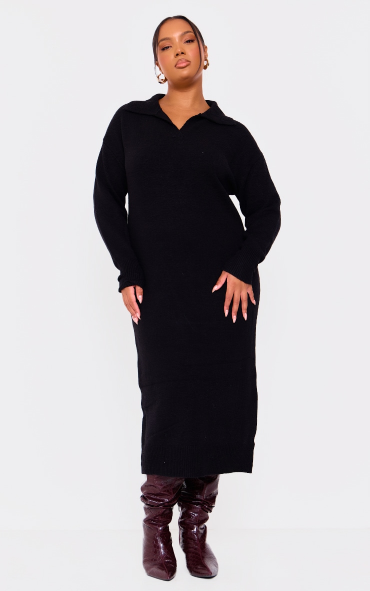 Plus Robe longue ample en maille tricot noire à détail col image 3