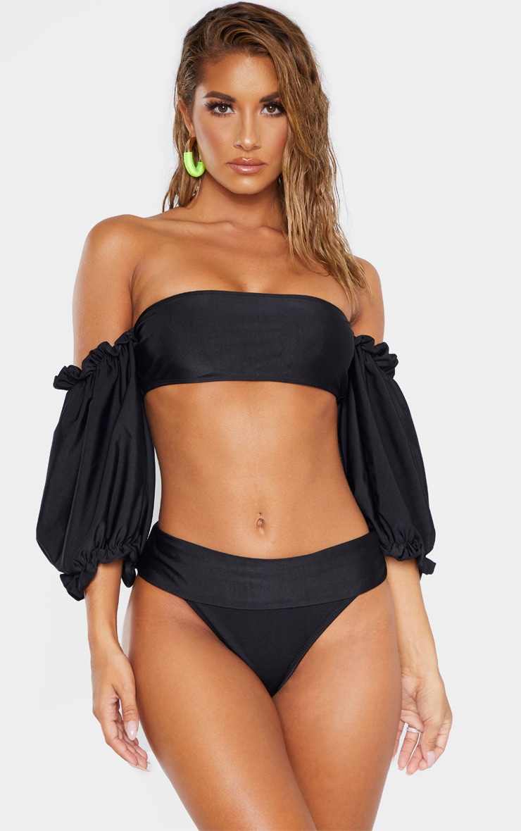 Black 3/4 Bardot Puff Sleeve Bikini Top PrettyLittleThing