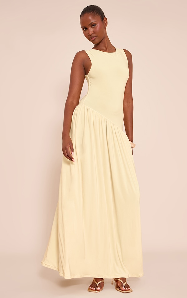 Robe longue doublée douce jaune à taille tombante asymétrique