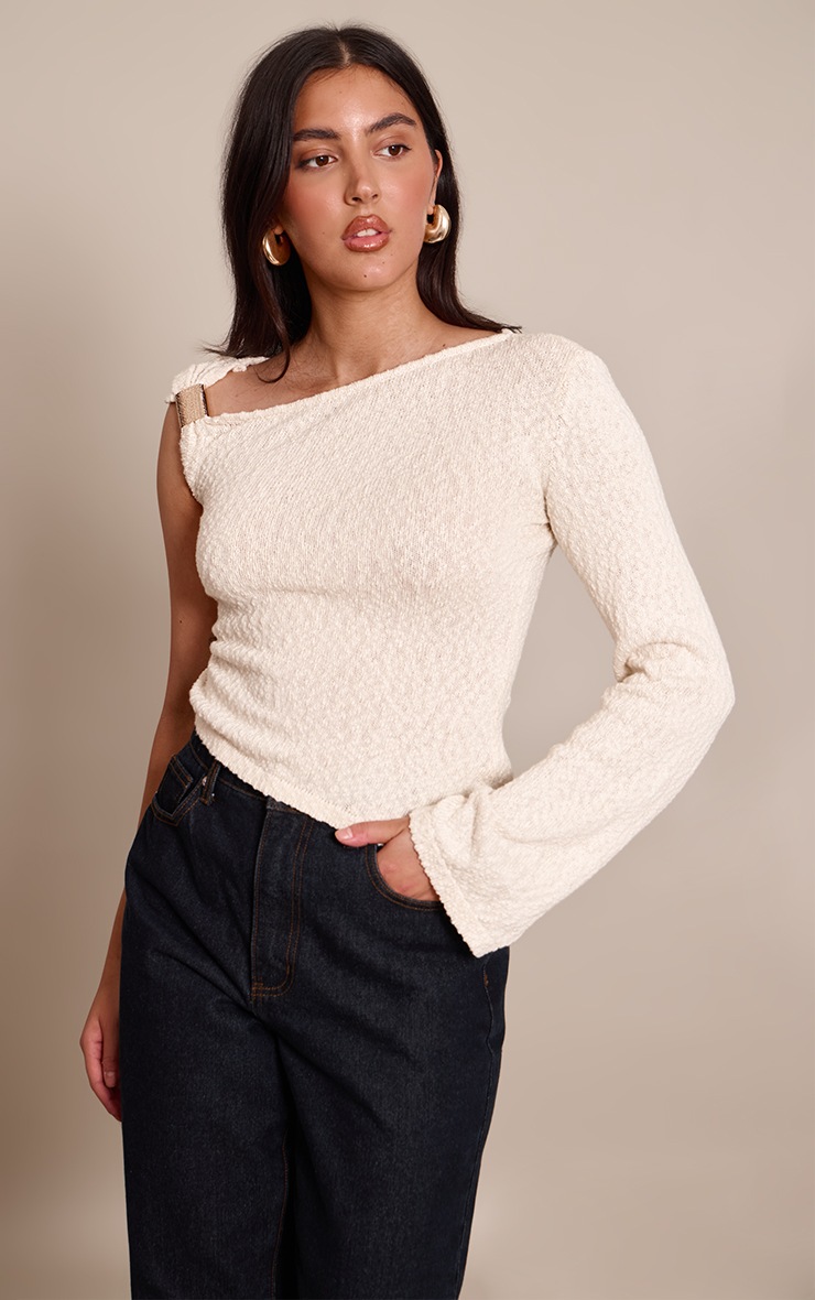 Cream Bobble Knit Trim Detail One Shoulder Top