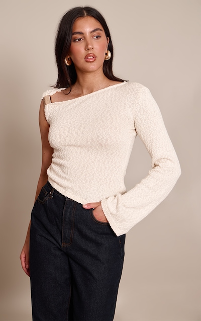 Cream Bobble Knit Trim Detail One Shoulder Top