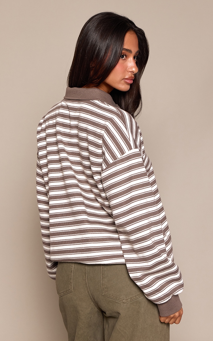 Petite Taupe Striped Brushed Button Up Sweatshirt image 2