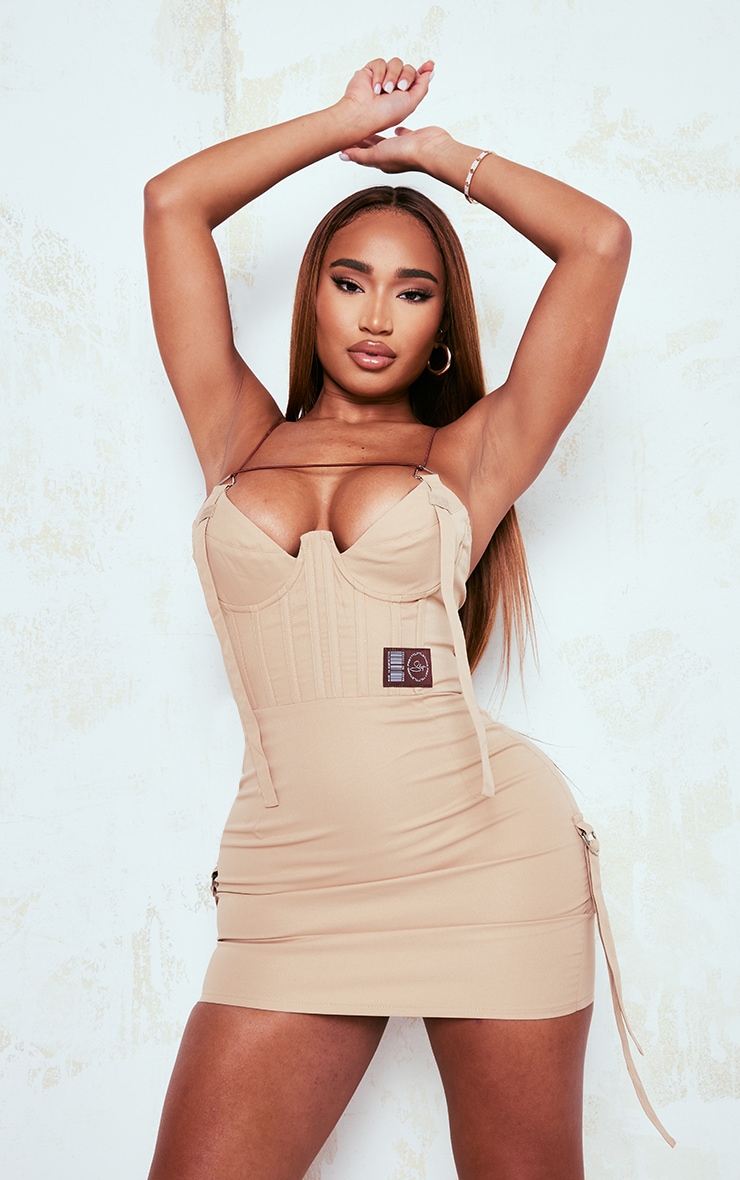 PRETTYLITTLETHING Shape Stone Corset Detail Cargo Bodycon Dress image 3