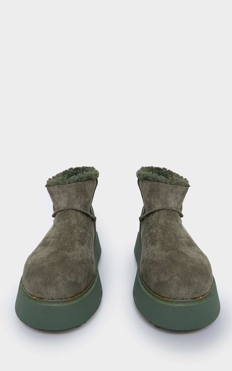 Khaki Faux Suede Round Toe Thick Flat Sole Ankle Boots image 3