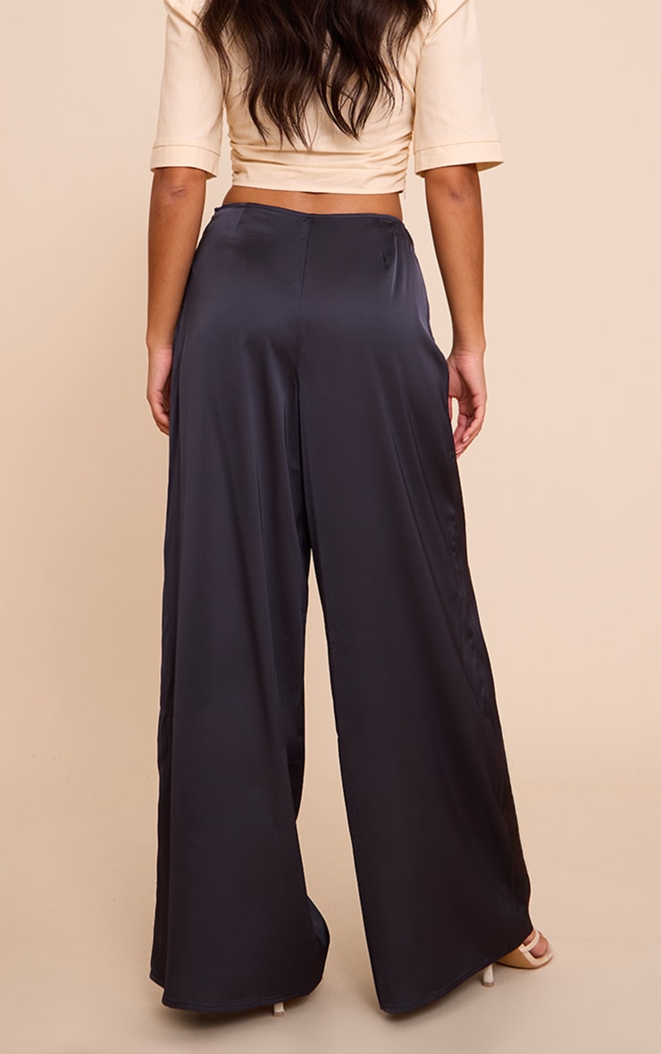 Navy Pleated Satin Wide Leg Pants image 3