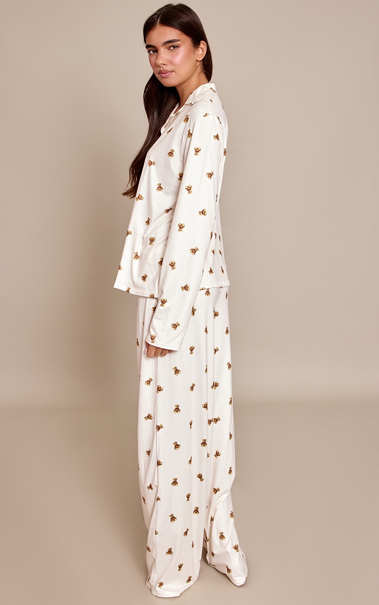 Cream Teddy Bear Print Long Sleeve Button Through Pj Set image 2