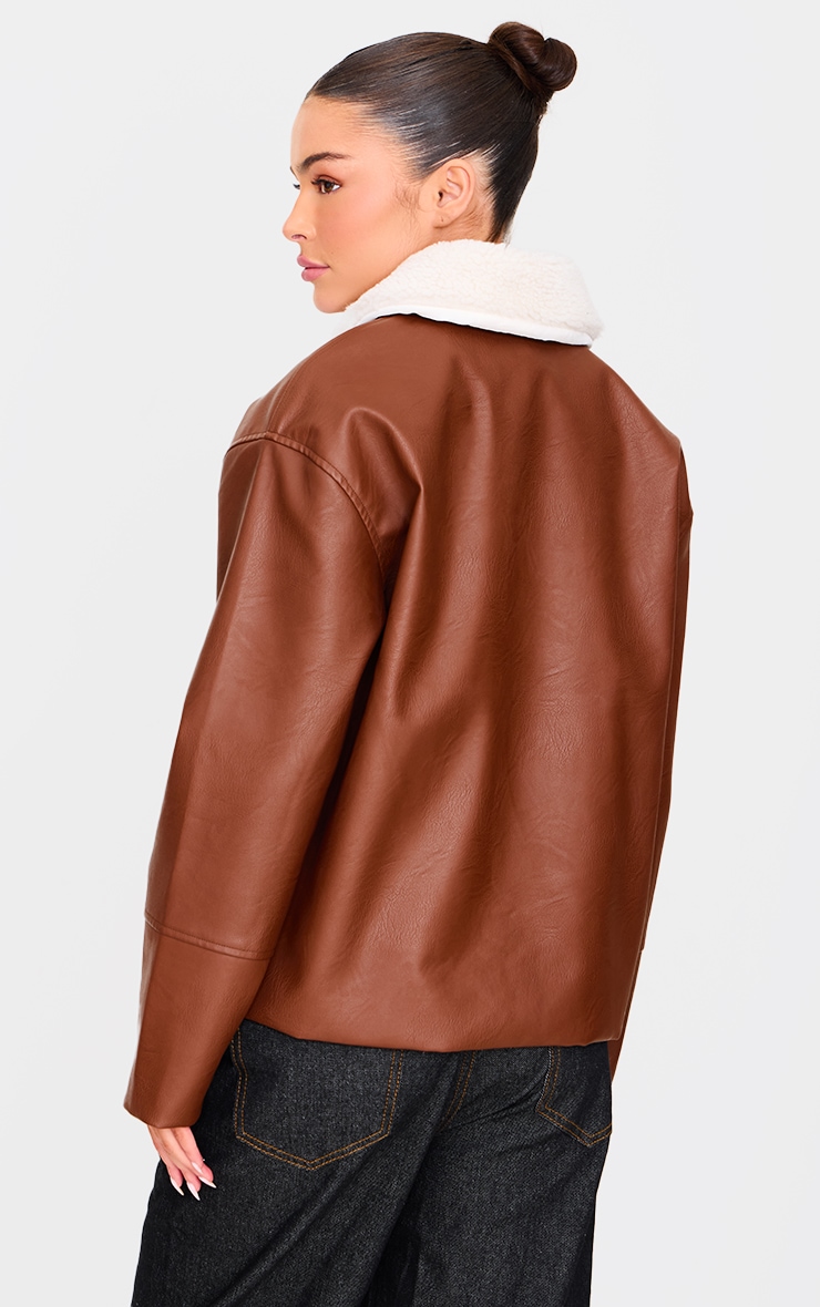 Washed Brown Detachable Faux Fur Collar Faux Leather Jacket image 2