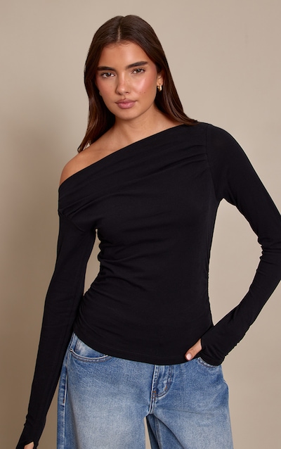 Black Soft Cotton Ruched Asymmetric Long Sleeve Top