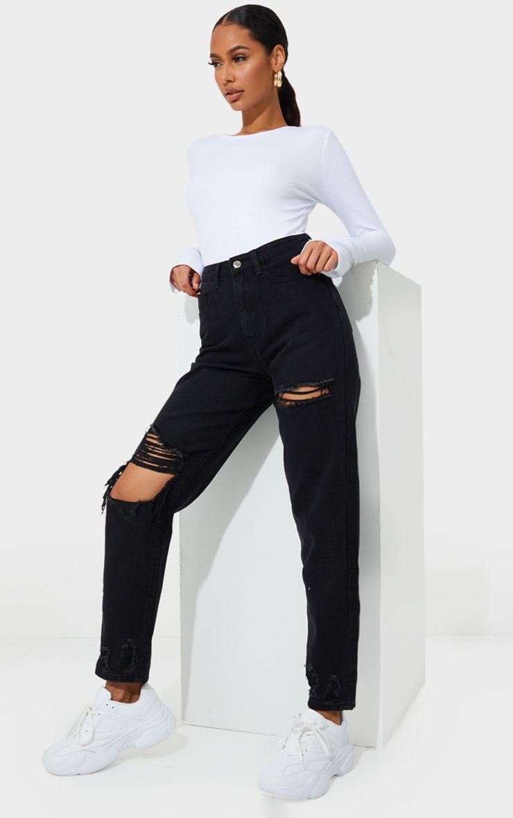 PRETTYLITTLETHING Washed Black Open Knee Distressed Hem Mom Jeans
