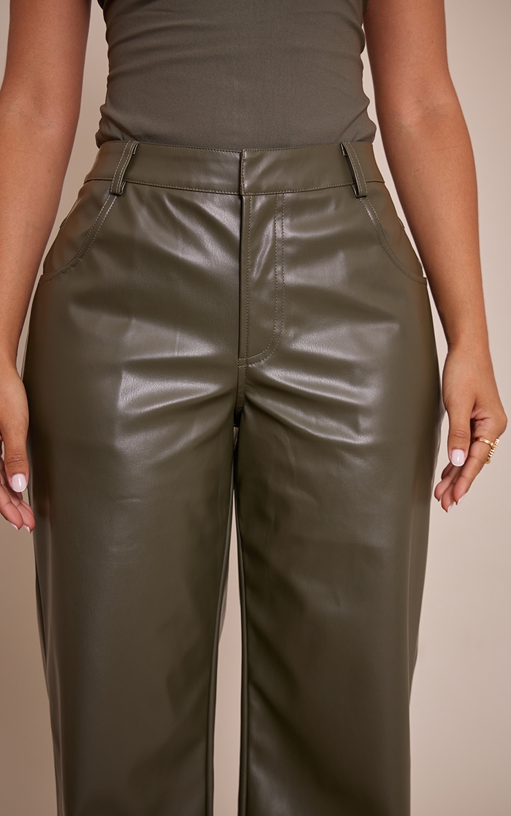 Petite Dark Olive Faux Leather Straight Leg Pants image 4