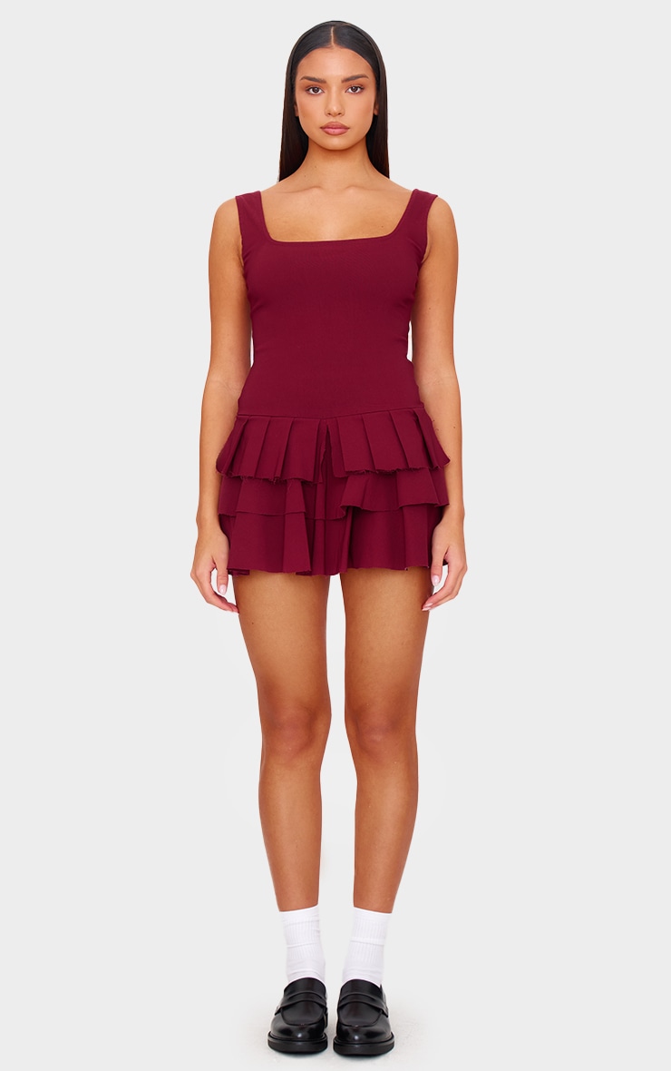 Burgundy Stretch Woven Pleated Skort Romper image 3