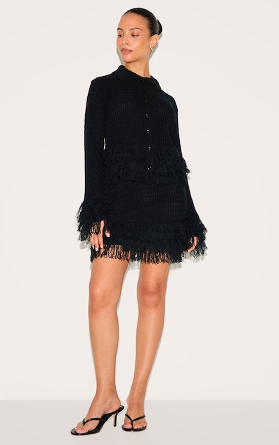 Petite Black Rib Fringe Hem Knit Skirt
