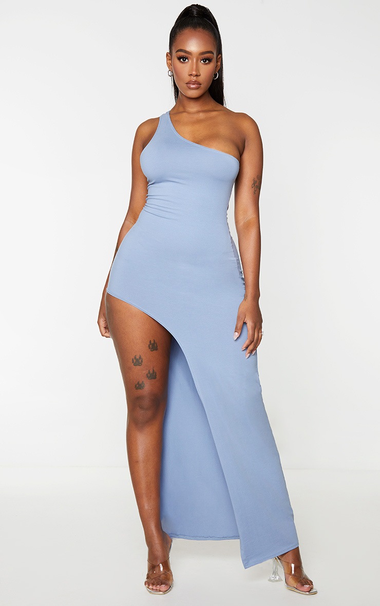 Shape Dusty Blue Cotton One Shoulder Split Maxi Dress