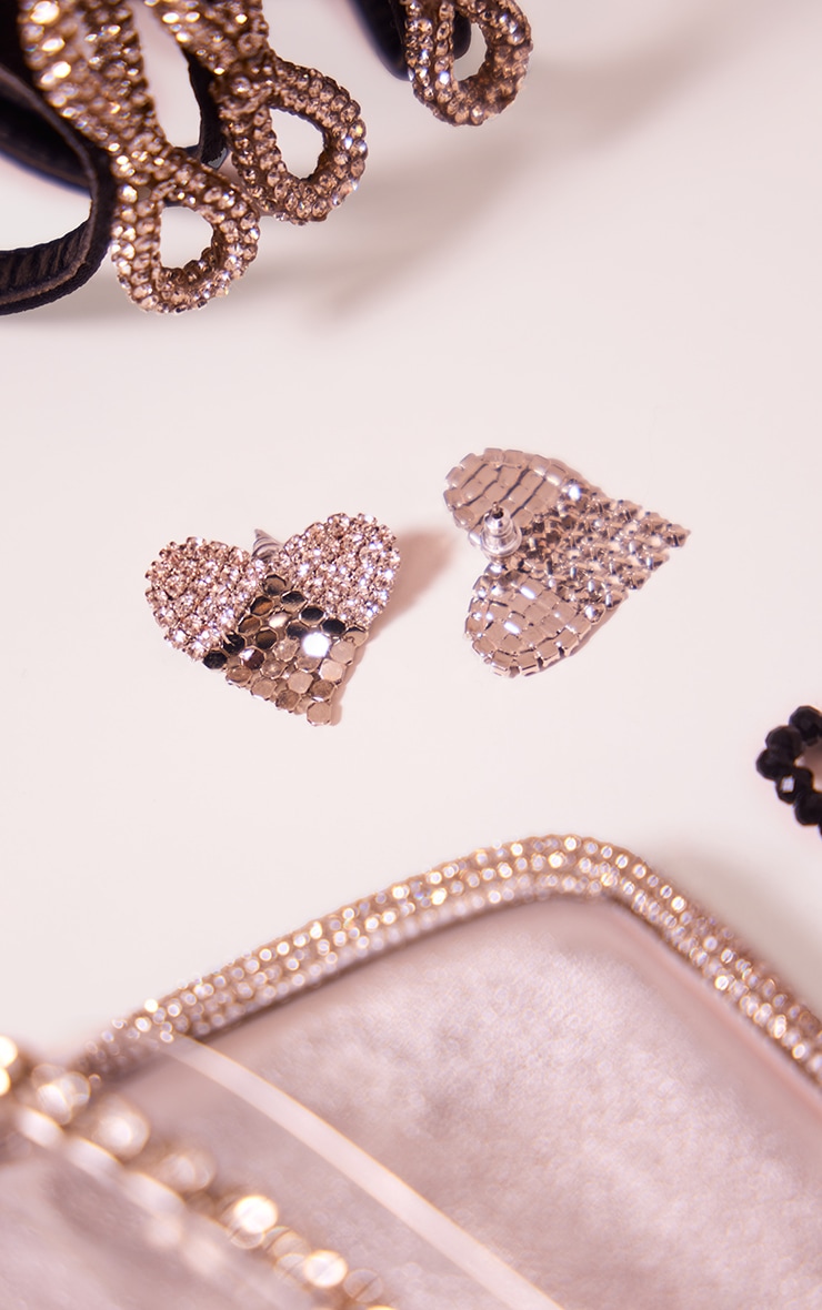 Silver Mini Diamante Heart Earrings