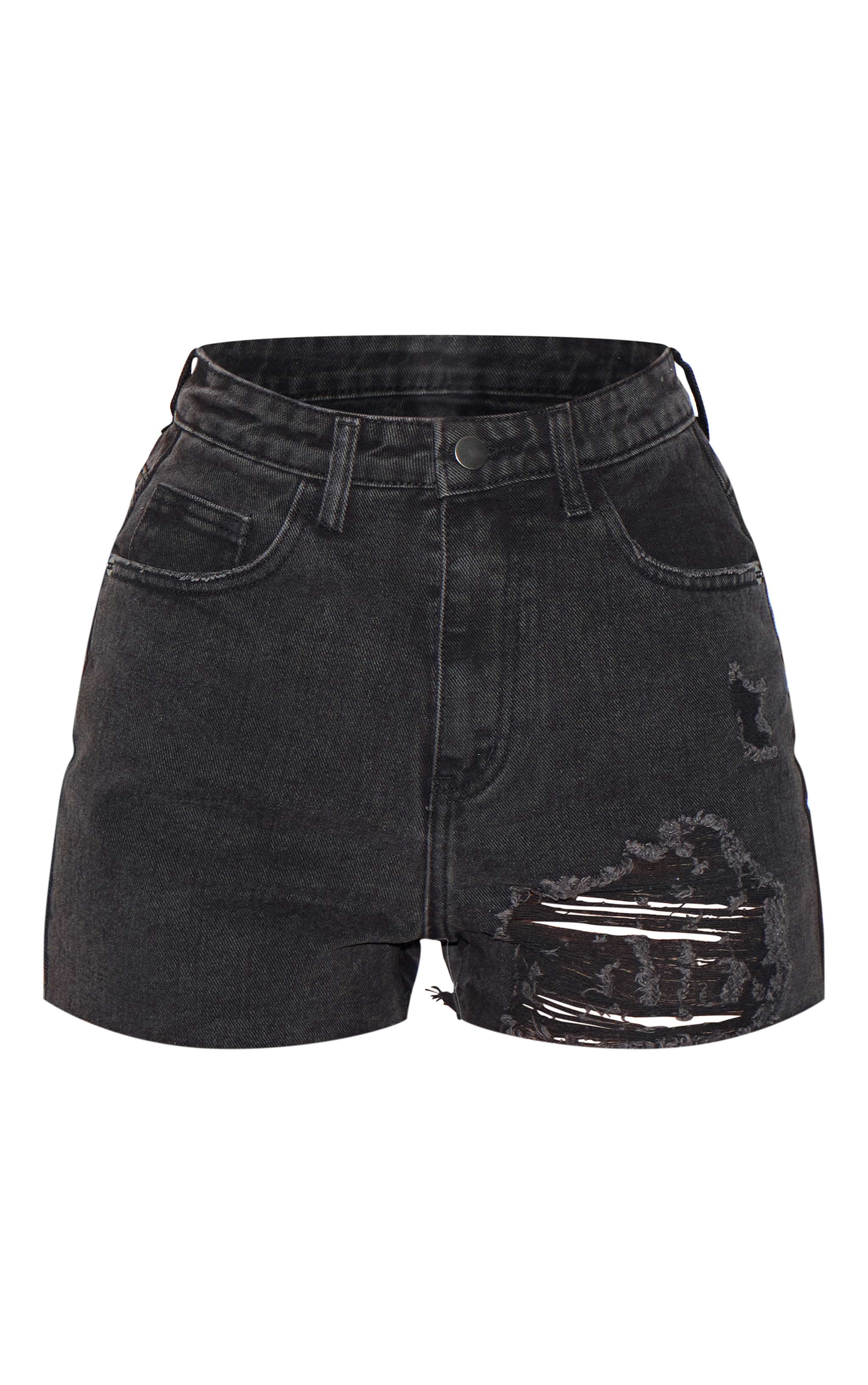 PRETTYLITTLETHING Washed Black Ripped Denim Mom Shorts image 6