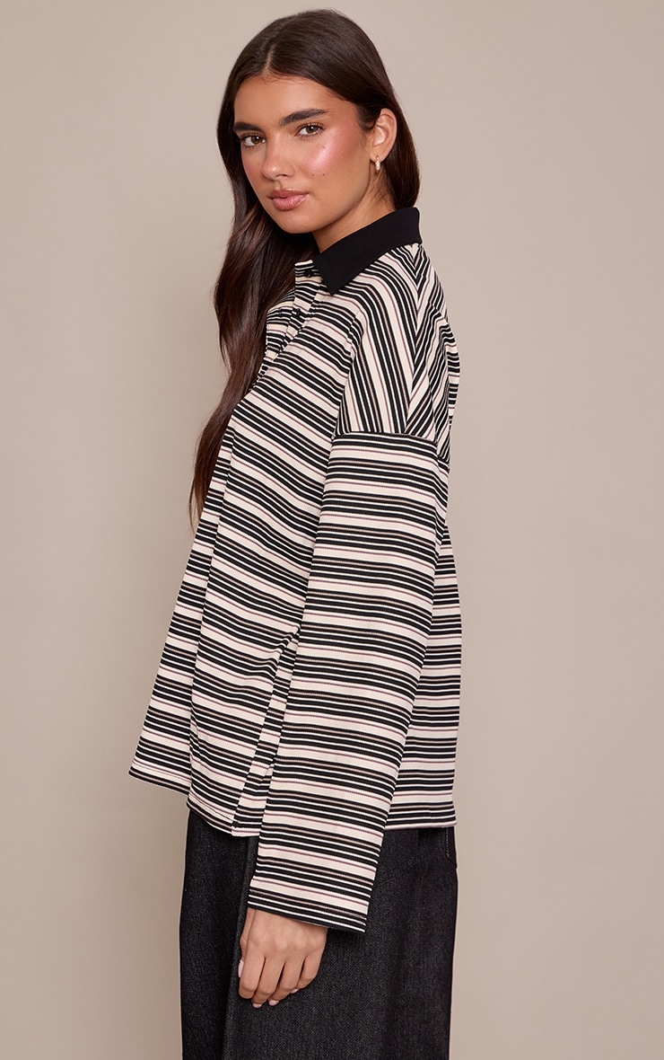 Multi Soft Rib Striped Detail Collared Long Sleeve Top image 2