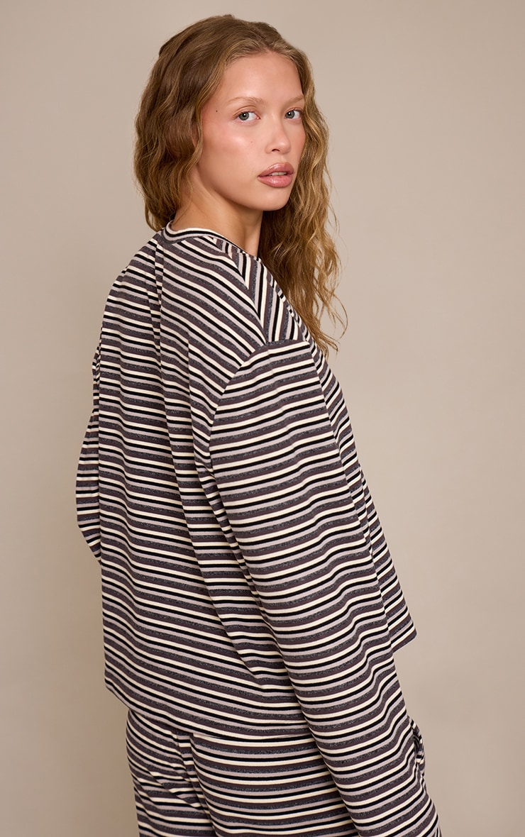 Grey Striped Soft Fleece V Neck Sweatshirt image 2