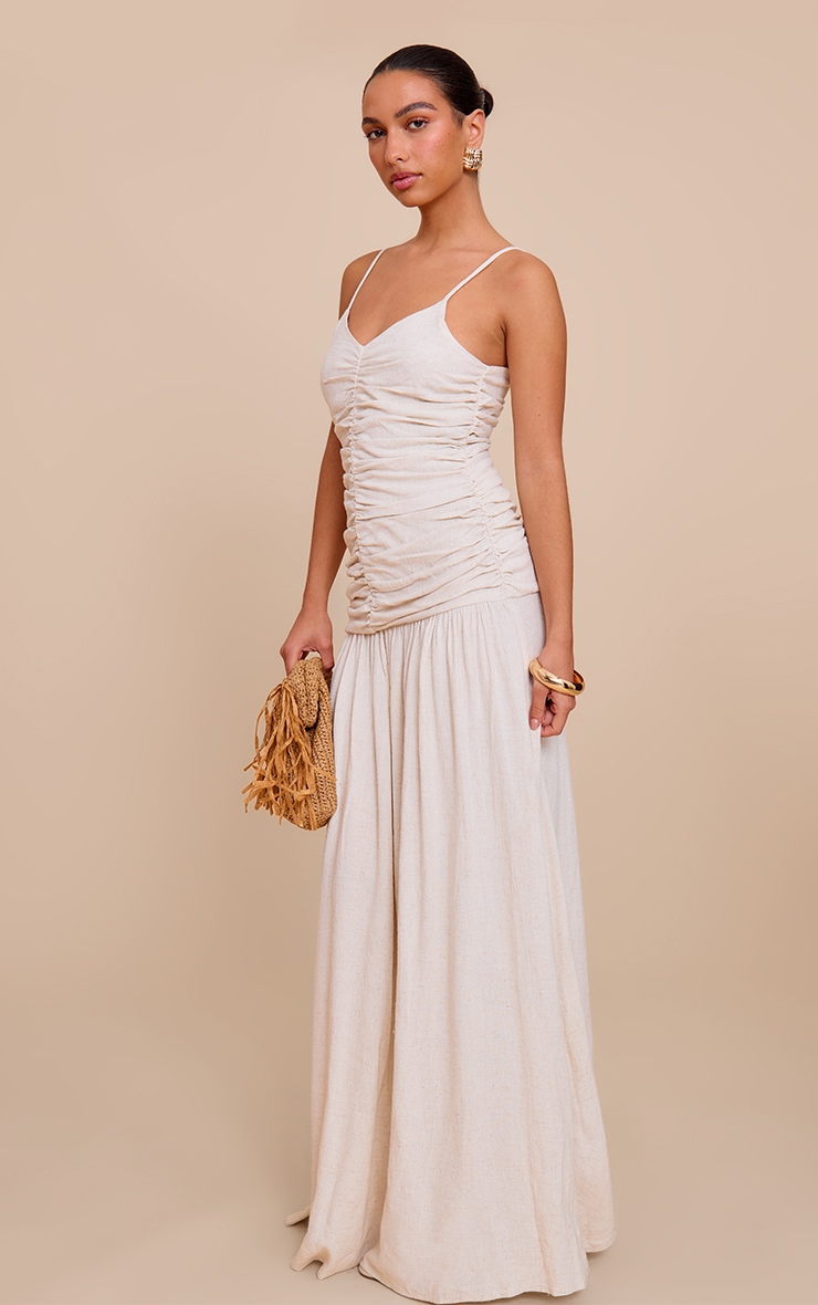 Natural Textured Linen Look Woven Ruched Detail Dropped Hem Maxi Dress image 3