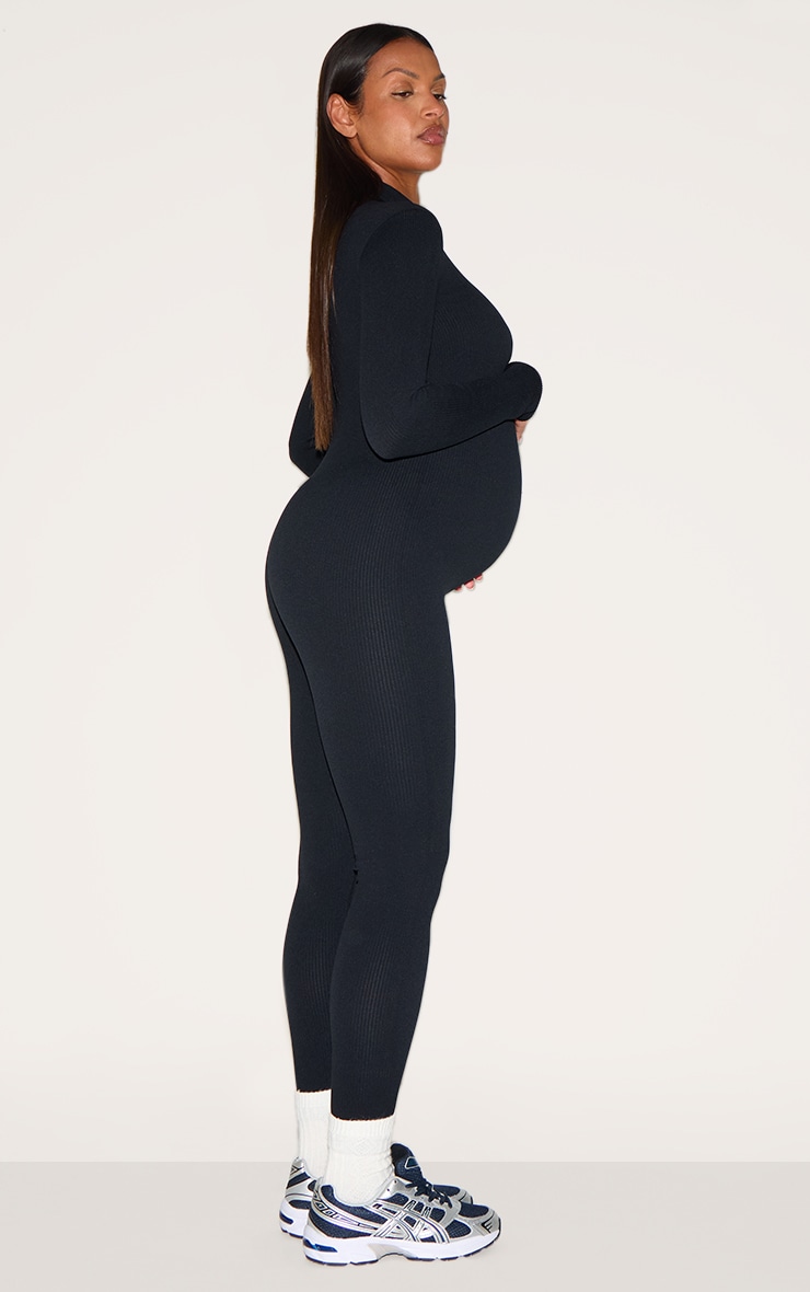 Maternity Black Snatched Ribbed Jumpsuit image 2
