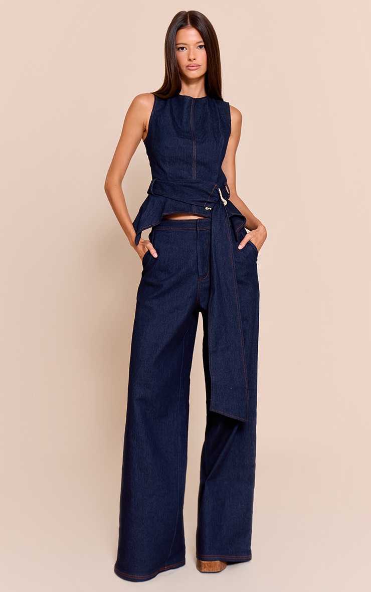 Indigo Blue Chambray Denim Belted Trim Detail Peplum Top image 3