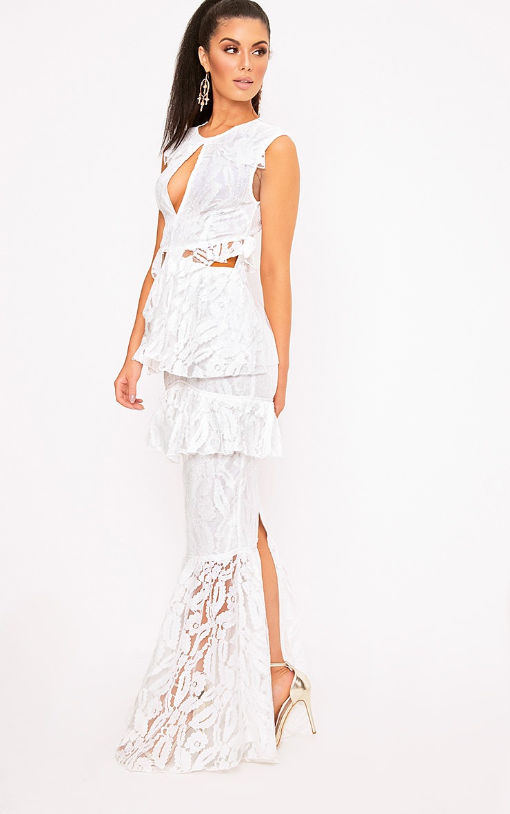 Katelyn White Lace Ruffle Detail Maxi Dress PrettyLittleThing
