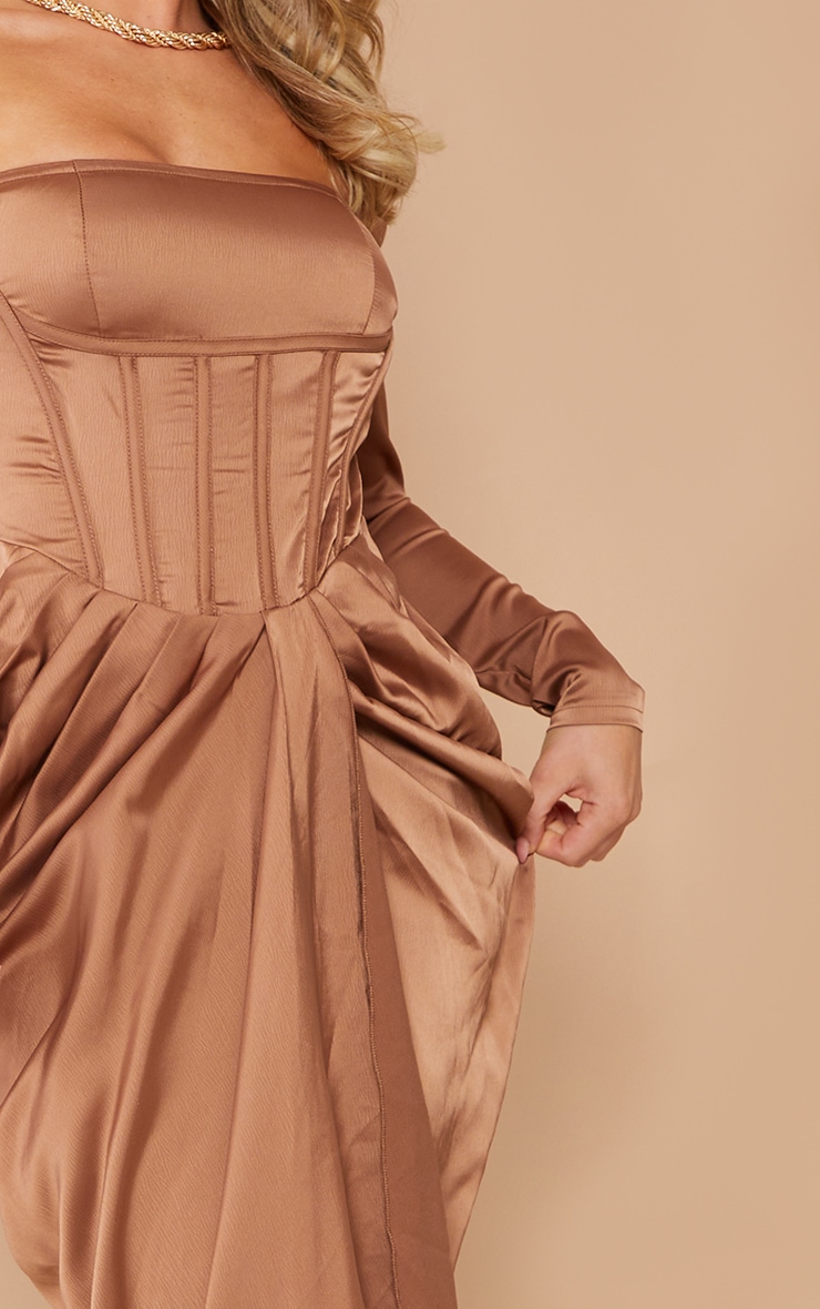 Chocolate Bardot Corset Detail Draped Satin Midi Dress image 4