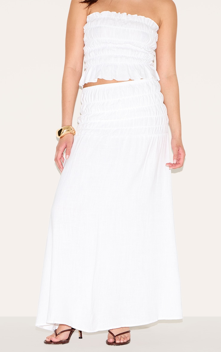 White Shirred Linen Look Panel Mid Rise Maxi Skirt image 2