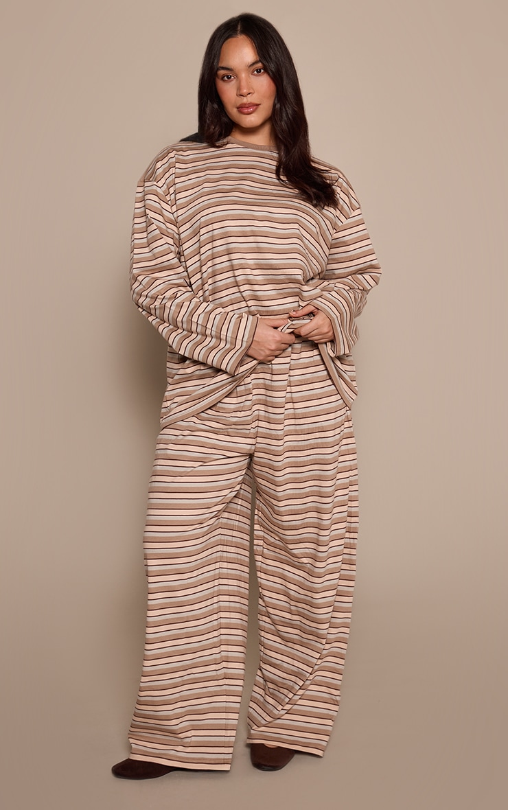 Plus Light Brown Striped Wide Leg Drawstring Pants
