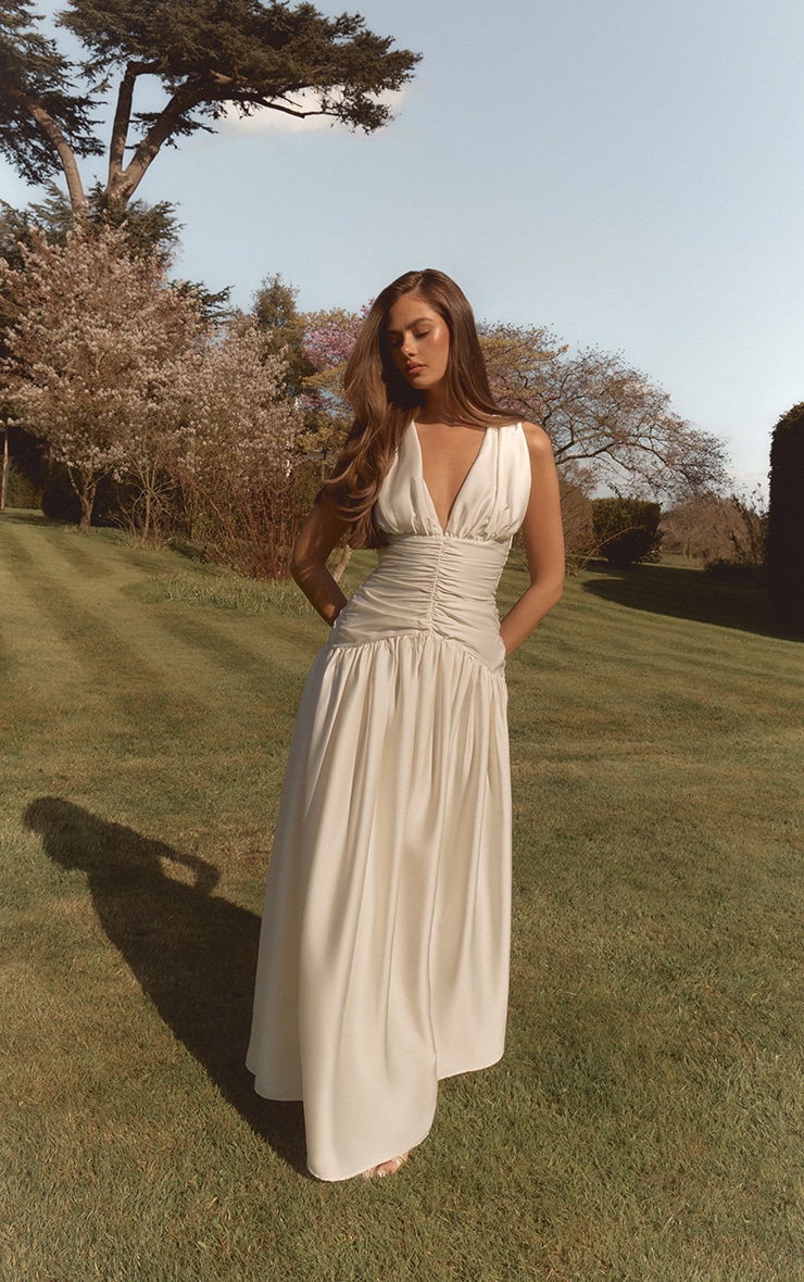 White Satin Ruched Maxi Dress