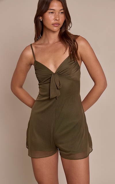 Khaki Mesh Tie Mini Shift Playsuit