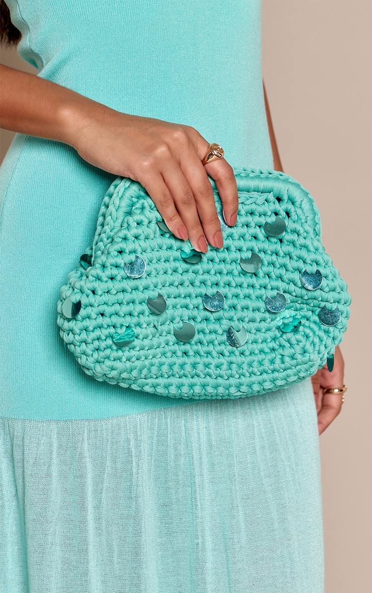 Aqua Crochet Sequin Clutch Bag