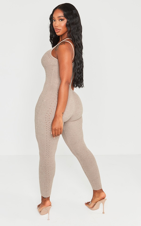 Shape Oatmeal Knit Laser Cut Strappy Jumpsuit PrettyLittleThing