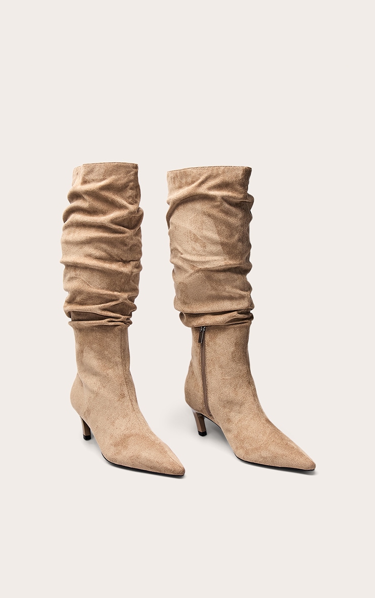 Stone Faux Suede Heeled Knee High Scrunch Boot image 3