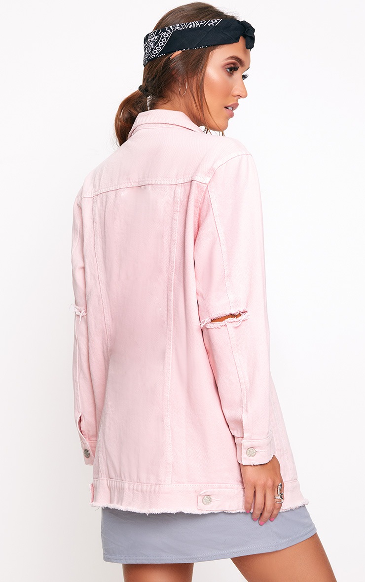 Light Pink Elbow Rip Denim Jacket Denim PrettyLittleThing