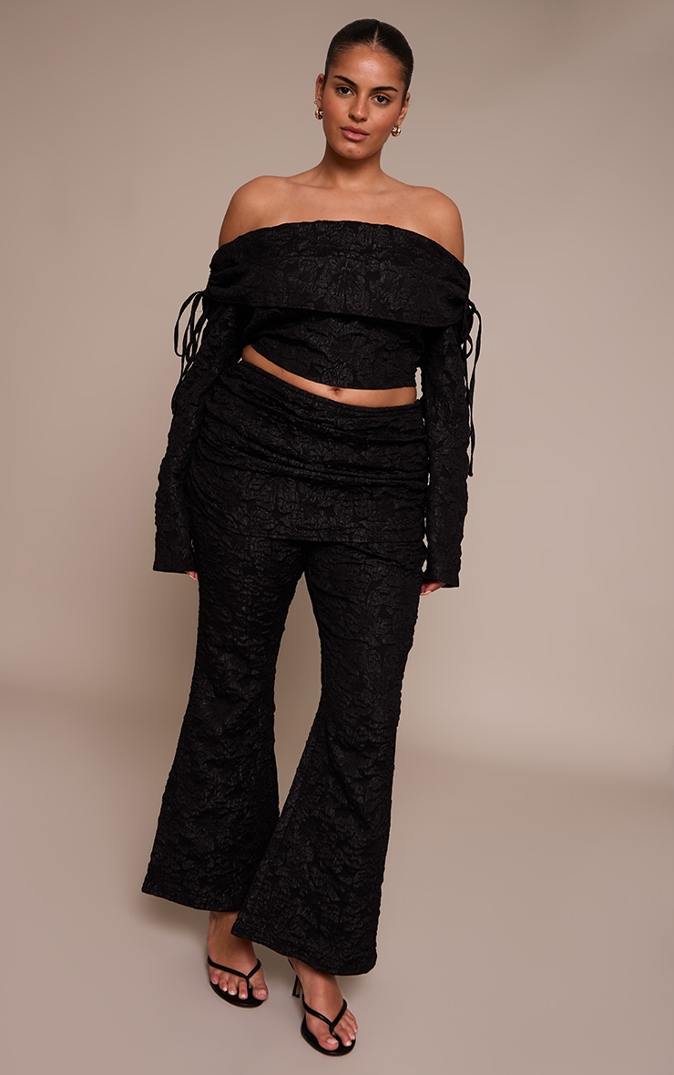 Plus Black Floral Jacquard Fold Over Wide Leg Pants