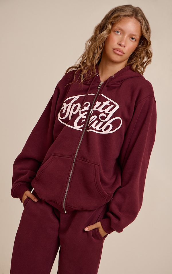 Hoodie oversize en coton polaire rouge vin imprimé "Sports Club" à zip