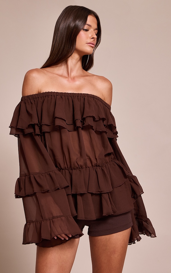 Chocolate Chiffon Tiered Ruffle Bardot Top