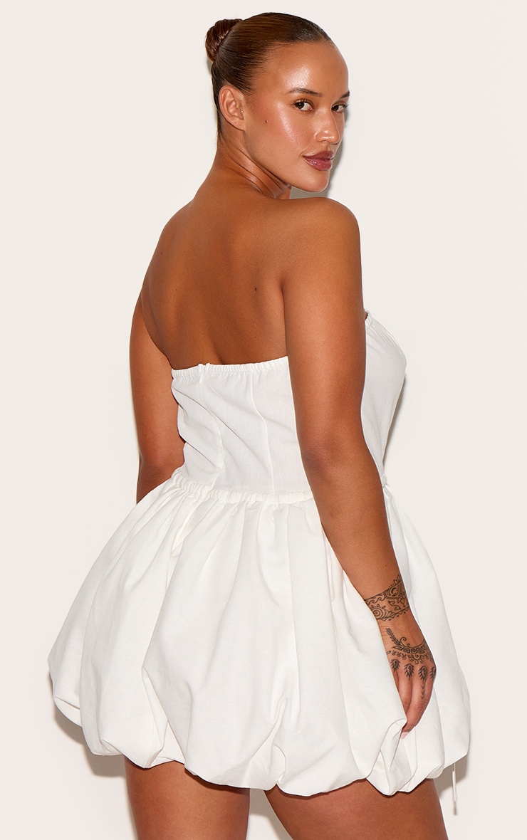 Plus White Textured Woven Bandeau Tie Waist Puffball Dress image 2