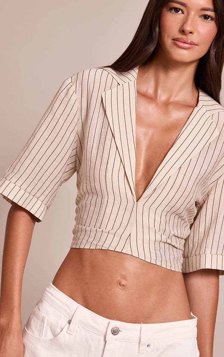 Stone Pinstripe Lightweight Woven Twist Cropped Shirt image 4