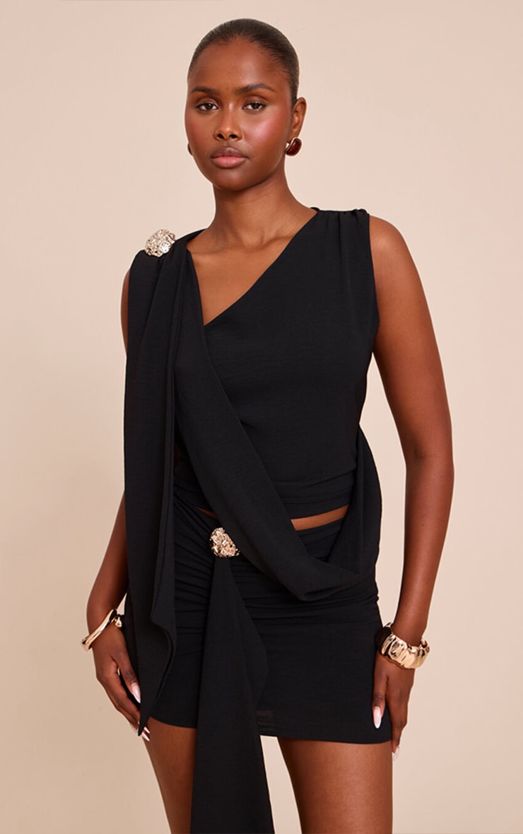 【mnem】Cowl Neck Drape Off Tee Black Textured Cowl Neck Drape Detail Top | Co-ords