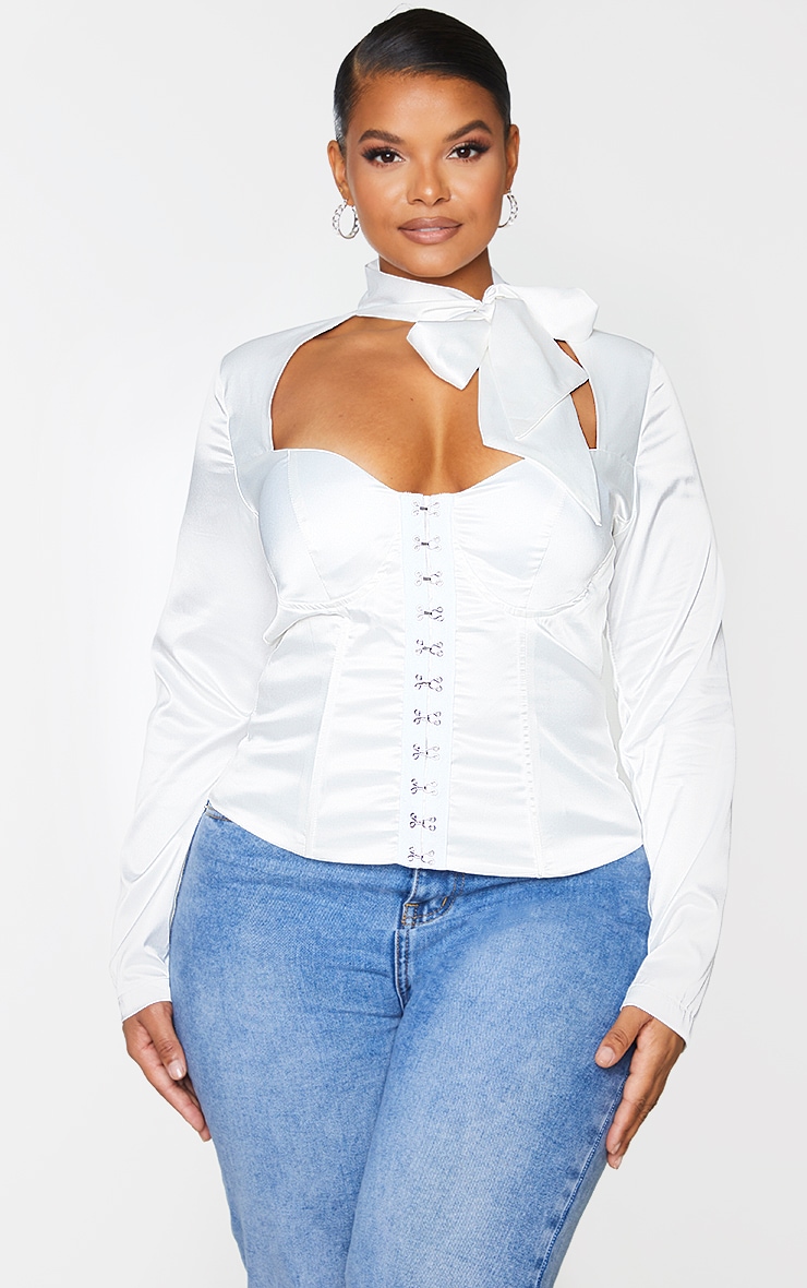 Plus White Satin Tie Neck Corset Top