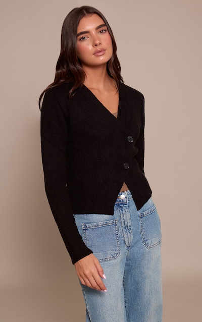 Black Knit Asymmetric Button Up Cardigan