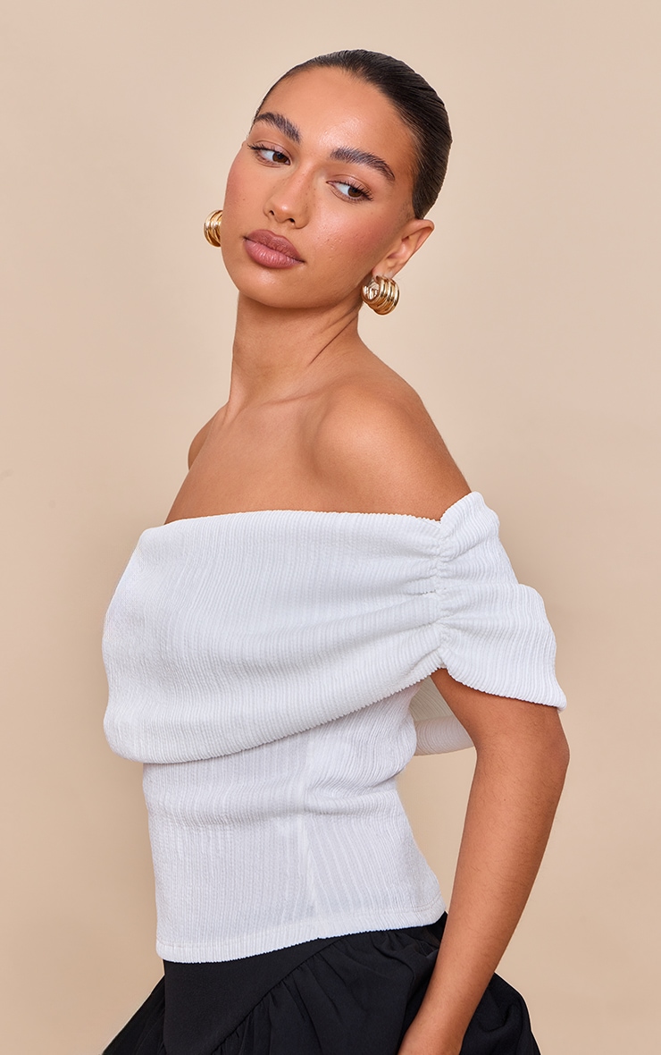Cream Textured Bardot Fold Over Detail Long Top image 4