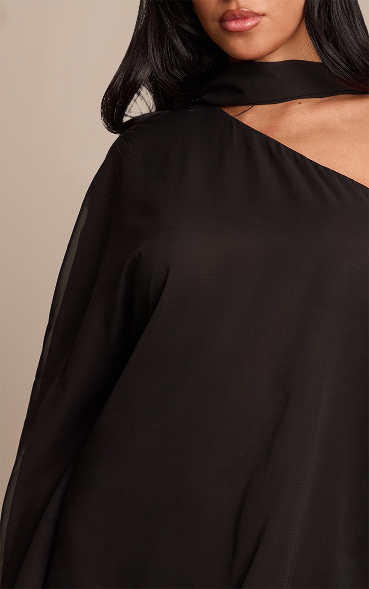 Black Chiffon One Shoulder Feather Detail Shift Dress image 4