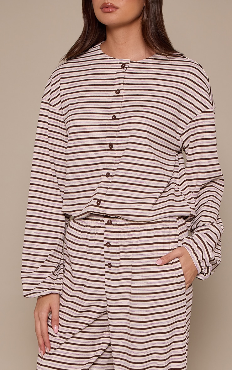 Dark Brown Stripe Soft Rib Relaxed Button Up Top image 4